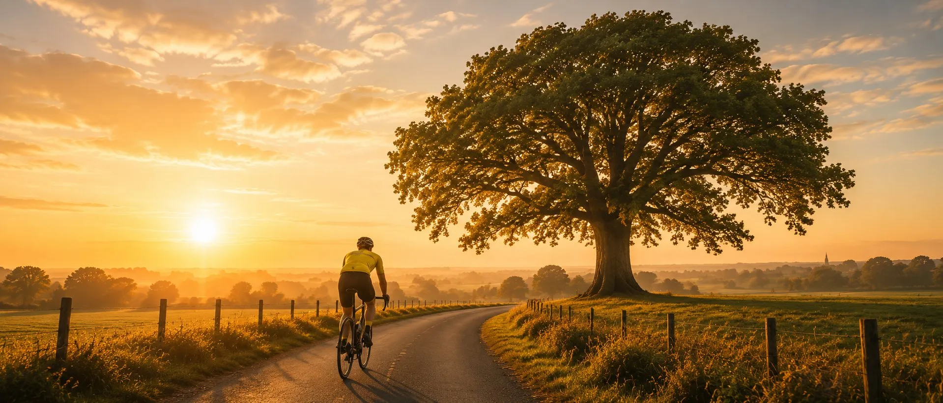 Een fietser onderweg naar een grote eik in het Vlaamse landschap bij gouden uur