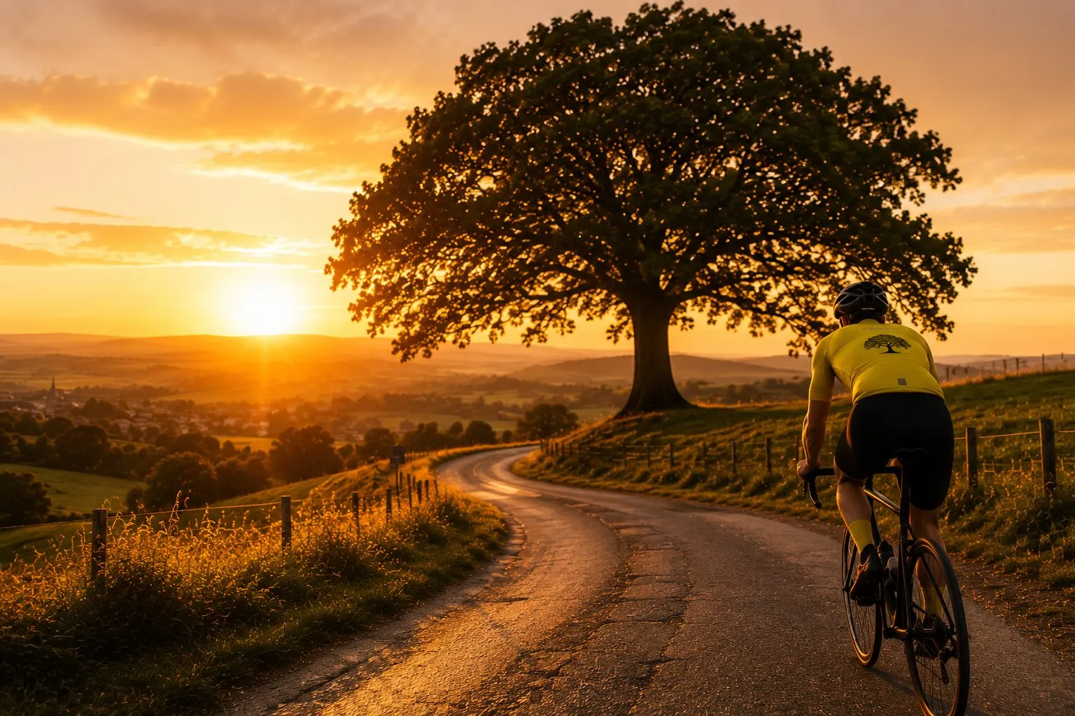 Koen op de fiets richting een grote eik bij zonsondergang