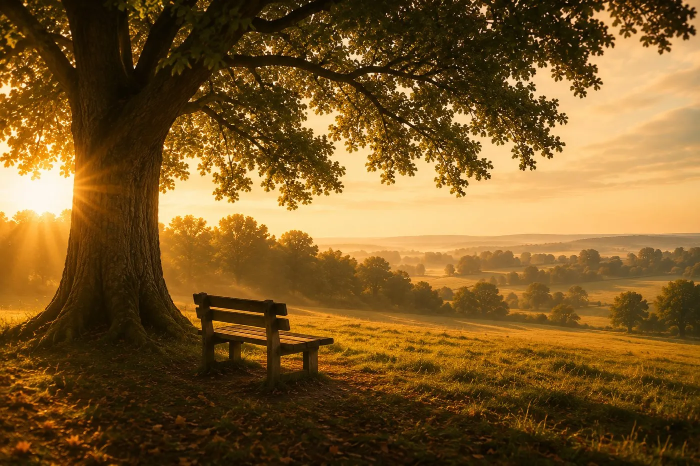 Een bank onder een grote eik in het avondlicht, uitkijkend over het landschap
